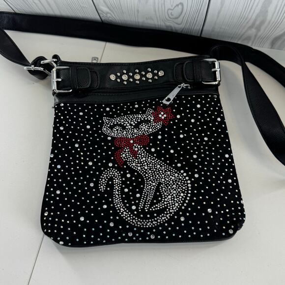 Exotic Cat Black Rhinestone Fun & Flirty Crossbody Purse Polka dot interior - Picture 1 of 7